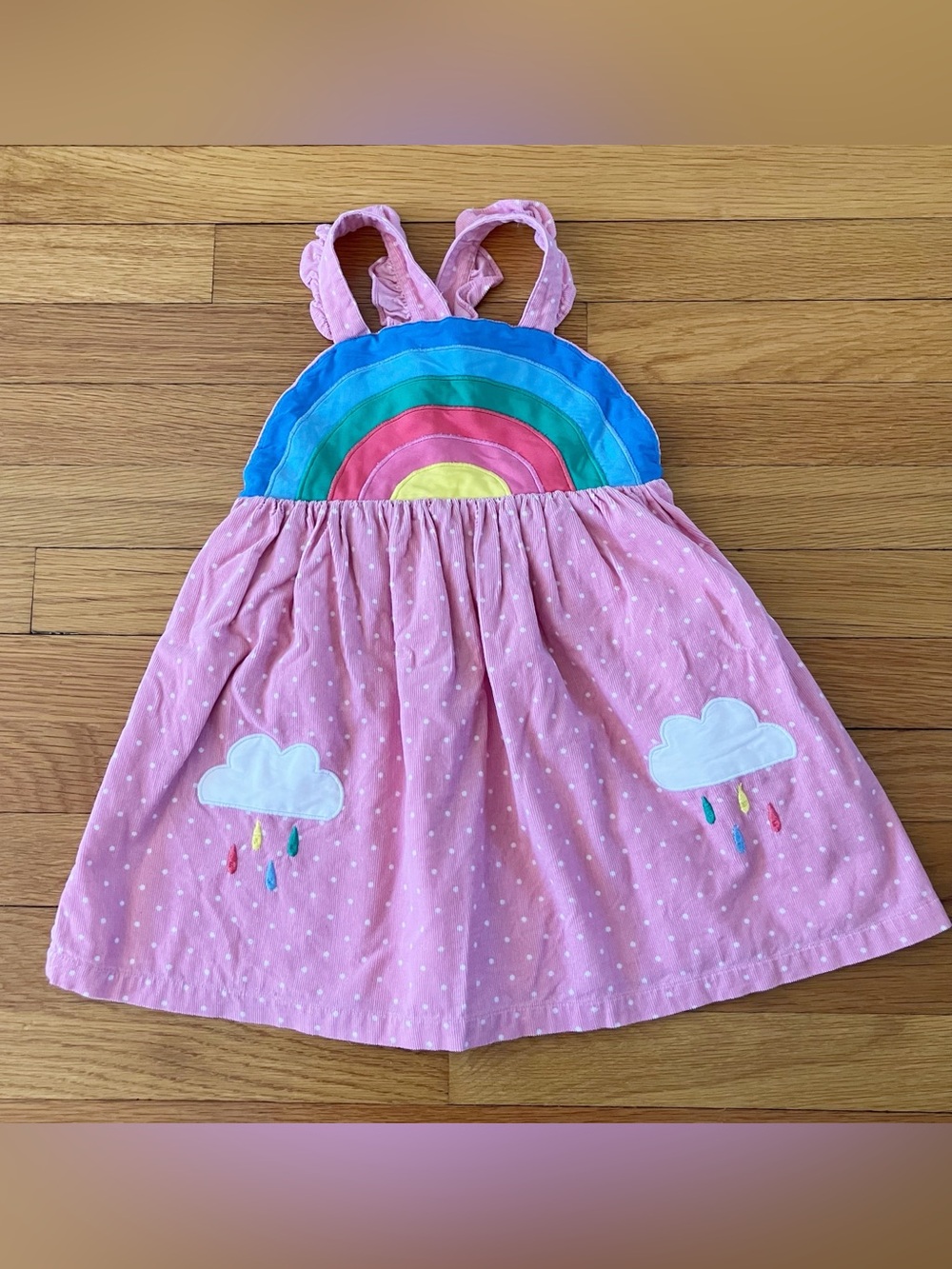 Mini Baby Boden Pink Rainbow Corduroy Polka Dot Pinafore Pinne Dress 3-4